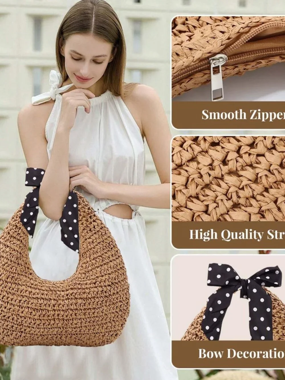 Straw Bag for Women, Summer Beach Tote Purse with Zipper, Raffia Woven Bag, Tote - Picture 2 of 7